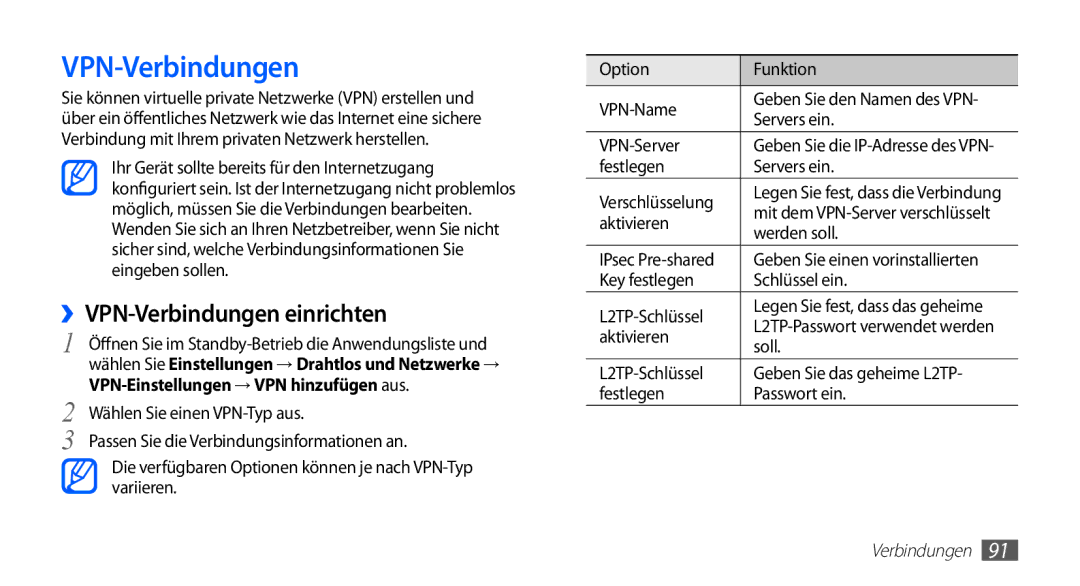 Samsung GT-S5839UWITCL, GT-S5839OKIDTR, GT-S5839OKITCL, GT-S5839OKIDTM, GT-S5839OKIVD2 manual ››VPN-Verbindungen einrichten 