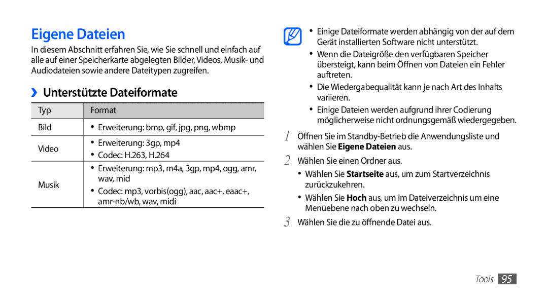 Samsung GT-S5839UWIDTM manual Eigene Dateien, Musik Wav, mid, Amr-nb/wb, wav, midi, Wählen Sie die zu öffnende Datei aus 