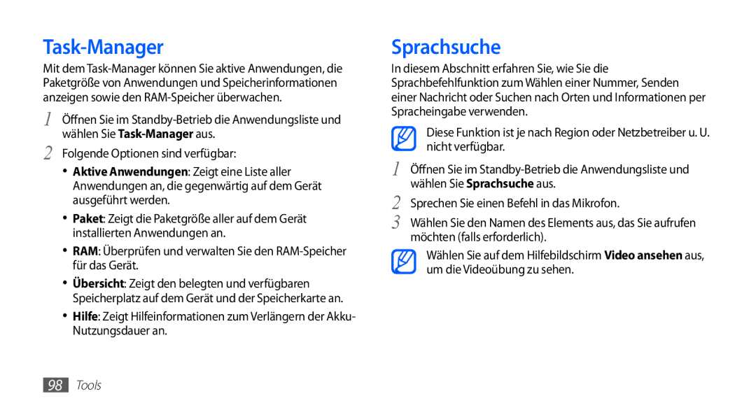 Samsung GT-S5839RWIBOG, GT-S5839OKIDTR, GT-S5839UWITCL, GT-S5839OKITCL, GT-S5839OKIDTM manual Task-Manager, Sprachsuche 