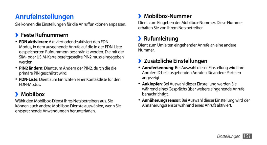 Samsung GT-S5839UWITCL, GT-S5839OKIDTR, GT-S5839OKITCL, GT-S5839OKIDTM, GT-S5839OKIVD2, GT-S5839UWIDTM manual Anrufeinstellungen 