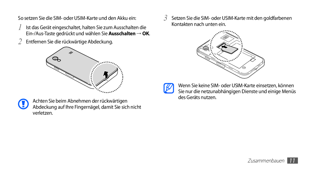 Samsung GT-S5839UWITCL, GT-S5839OKIDTR So setzen Sie die SIM- oder USIM-Karte und den Akku ein, Kontakten nach unten ein 