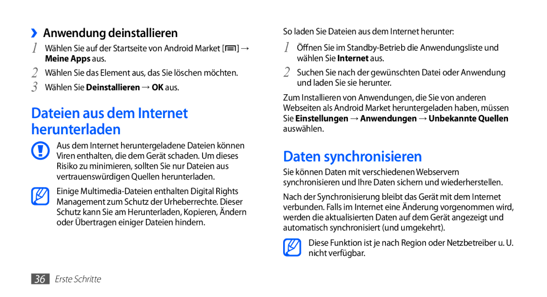 Samsung GT-S5839OKICOS, GT-S5839OKIDTR, GT-S5839UWITCL Daten synchronisieren, ››Anwendung deinstallieren, Meine Apps aus 