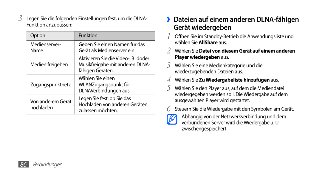 Samsung GT-S5839OKICOS, GT-S5839OKIDTR, GT-S5839UWITCL manual ››Dateien auf einem anderen DLNA-fähigen Gerät wiedergeben 