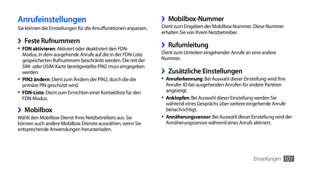 Samsung GT-S5839UWITCL manual Anrufeinstellungen, ››Feste Rufnummern, ››Mobilbox-Nummer, ››Rufumleitung, Einstellungen 