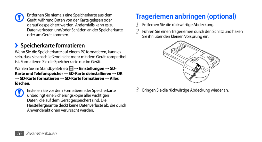 Samsung GT-S5839OKICOS, GT-S5839OKIDTR manual Trageriemen anbringen optional, ››Speicherkarte formatieren, Zusammenbauen 