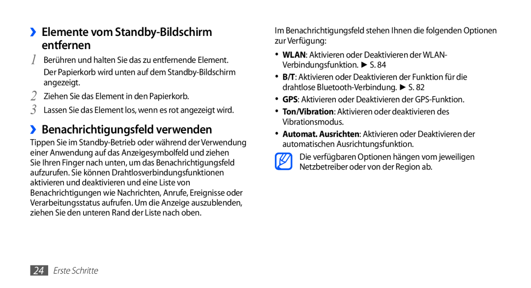 Samsung GT-S5839OKIVD2 manual ››Elemente vom Standby-Bildschirm entfernen, ››Benachrichtigungsfeld verwenden, angezeigt 