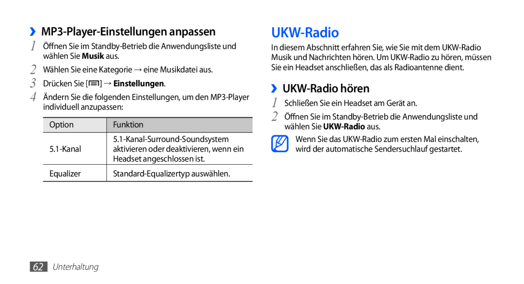 Samsung GT-S5839OKITCL, GT-S5839OKIDTR manual ››MP3-Player-Einstellungen anpassen, ››UKW-Radio hören, Unterhaltung 