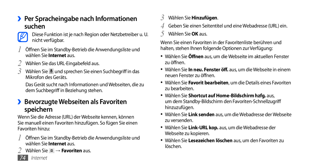 Samsung GT-S5839OKIVD2 manual ››Per Spracheingabe nach Informationen suchen, ››Bevorzugte Webseiten als Favoriten speichern 