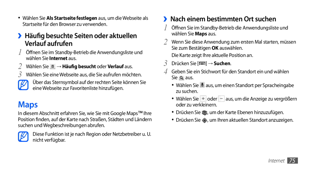 Samsung GT-S5839UWIDTM Maps, ››Häufig besuchte Seiten oder aktuellen Verlauf aufrufen, ››Nach einem bestimmten Ort suchen 