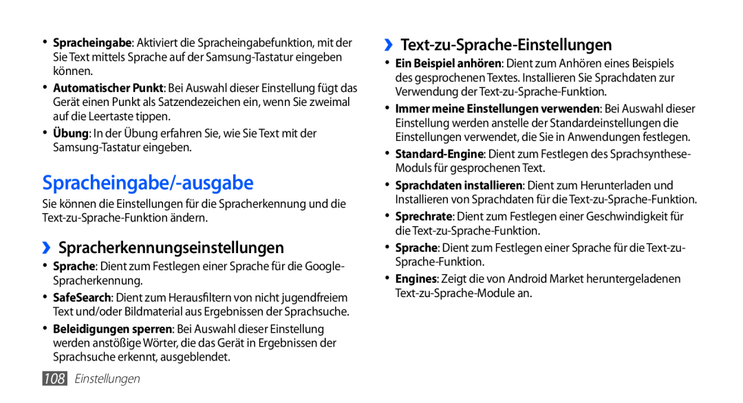 Samsung GT-S5839RWIBOG manual Spracheingabe/-ausgabe, ››Spracherkennungseinstellungen, ››Text-zu-Sprache-Einstellungen 