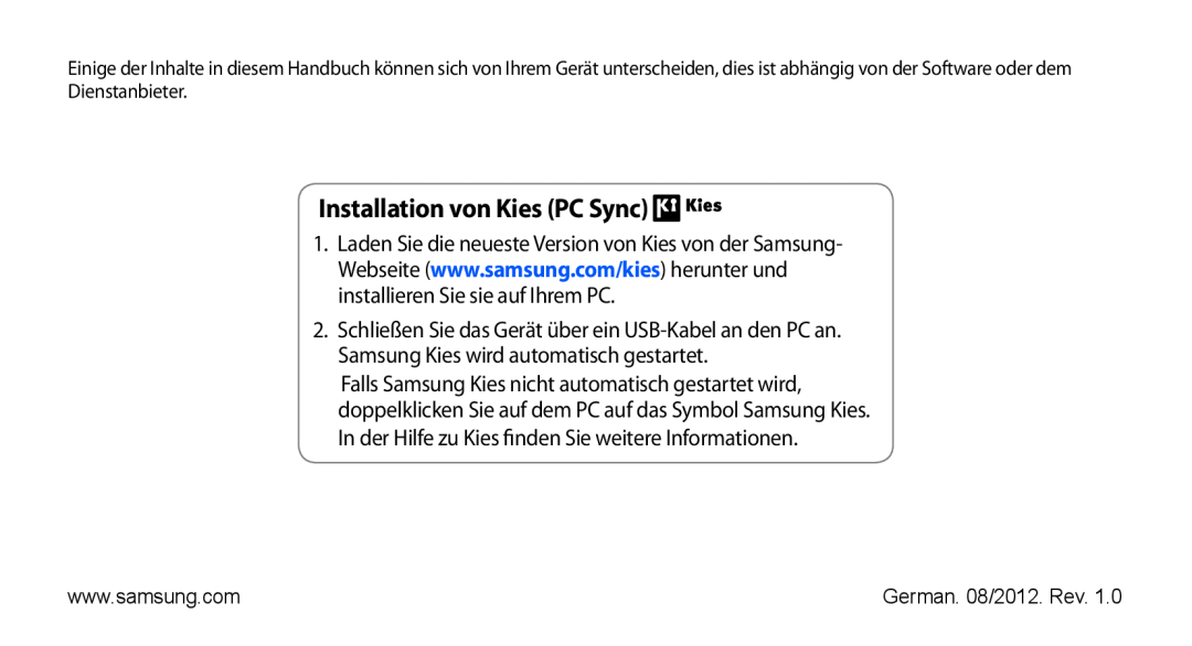 Samsung GT-S5839OKIVD2 manual Installation von Kies PC Sync, In der Hilfe zu Kies finden Sie weitere Informationen 