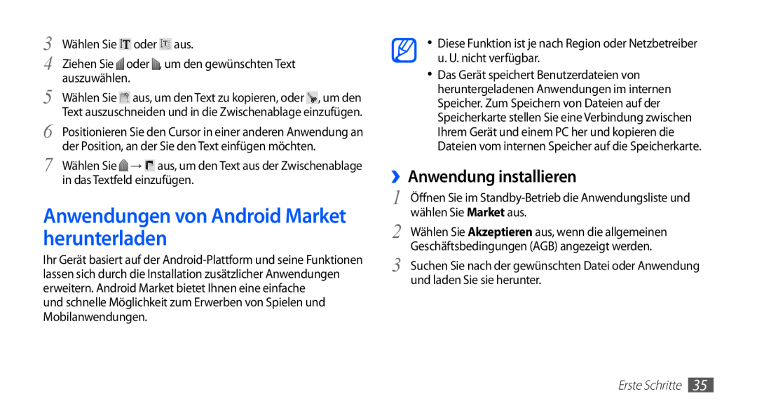 Samsung GT-S5839UWIDTM manual Anwendungen von Android Market herunterladen, ››Anwendung installieren, Erste Schritte 