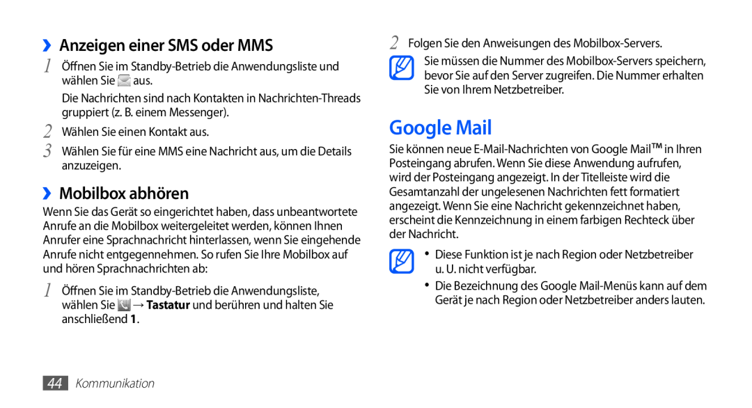 Samsung GT-S5839OKIVD2, GT-S5839OKIDTR manual Google Mail, ››Anzeigen einer SMS oder MMS, ››Mobilbox abhören, Kommunikation 