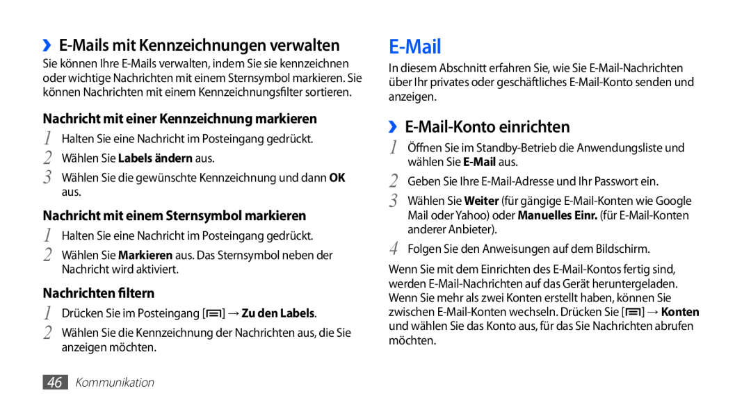 Samsung GT-S5839OKICOS manual ››E-Mails mit Kennzeichnungen verwalten, ››E-Mail-Konto einrichten, Nachrichten filtern 