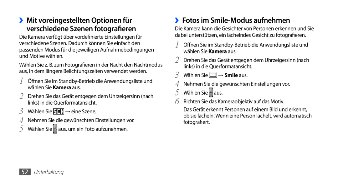 Samsung GT-S5839OKITCL, GT-S5839OKIDTR, GT-S5839UWITCL manual ››Fotos im Smile-Modus aufnehmen, → Smile aus, Unterhaltung 