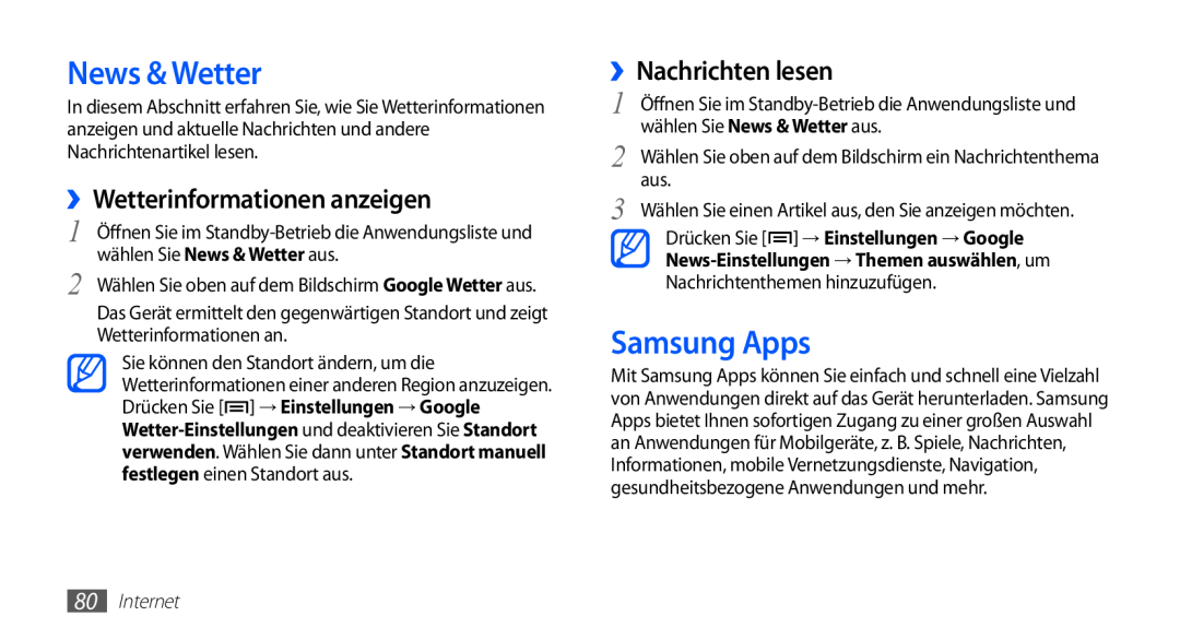 Samsung GT-S5839OKIDTR manual News & Wetter, Samsung Apps, ››Wetterinformationen anzeigen, ››Nachrichten lesen, Internet 