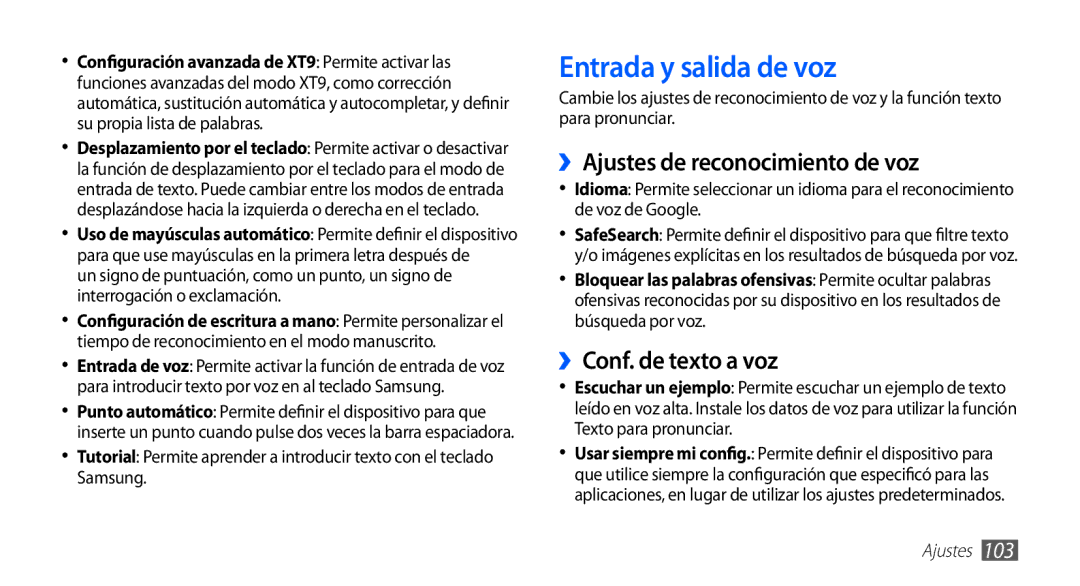 Samsung GT-S5839UWIATL, GT-S5839RWIAMN Entrada y salida de voz, ››Ajustes de reconocimiento de voz, ››Conf. de texto a voz 