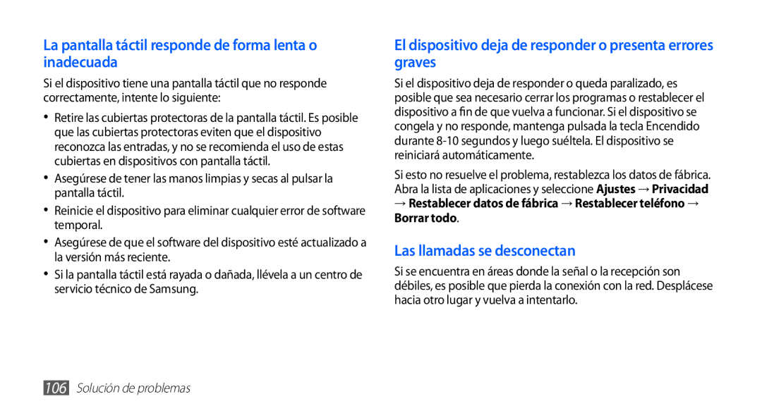 Samsung GT-S5839OKIAMN, GT-S5839RWIAMN, GT-S5839UWIAMN manual La pantalla táctil responde de forma lenta o inadecuada 