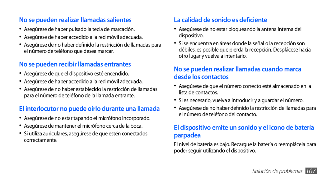 Samsung GT-S5839OKIATL, GT-S5839RWIAMN, GT-S5839UWIAMN, GT-S5839OKIAMN manual No se pueden realizar llamadas salientes 