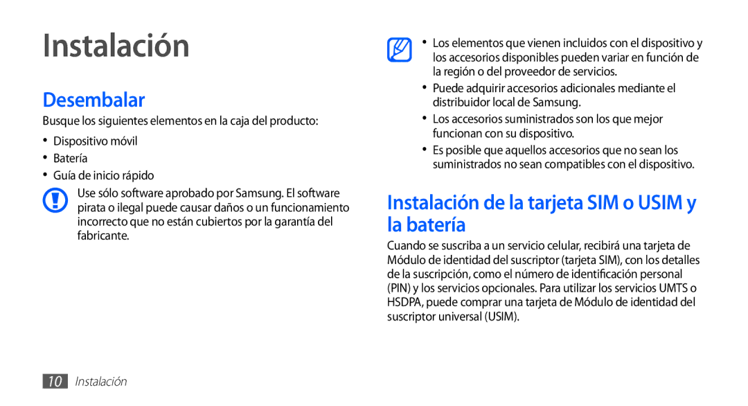 Samsung GT-S5839UWIAMN, GT-S5839RWIAMN, GT-S5839OKIAMN Desembalar, Instalación de la tarjeta SIM o Usim y la batería 