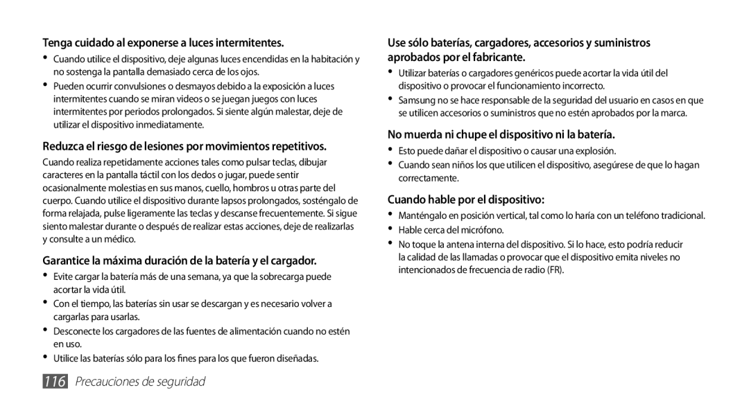 Samsung GT-S5839OKIAMN Tenga cuidado al exponerse a luces intermitentes, No muerda ni chupe el dispositivo ni la batería 