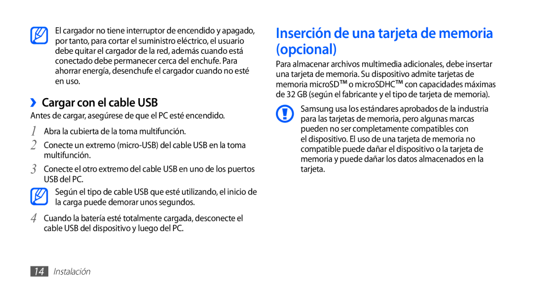 Samsung GT-S5839RWIAMN, GT-S5839UWIAMN Inserción de una tarjeta de memoria opcional, ››Cargar con el cable USB, USB del PC 