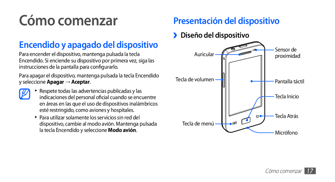 Samsung GT-S5839OKIATL, GT-S5839RWIAMN manual Cómo comenzar, Presentación del dispositivo, ››Diseño del dispositivo 