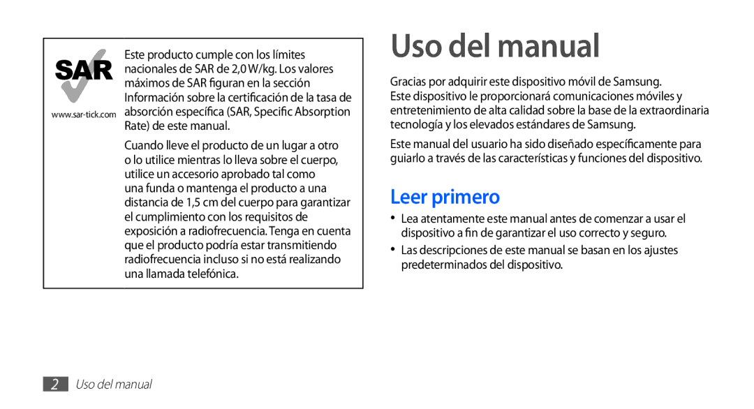 Samsung GT-S5839OKIATL, GT-S5839RWIAMN, GT-S5839UWIAMN, GT-S5839OKIAMN, GT-S5839UWIATL Uso del manual, Leer primero 