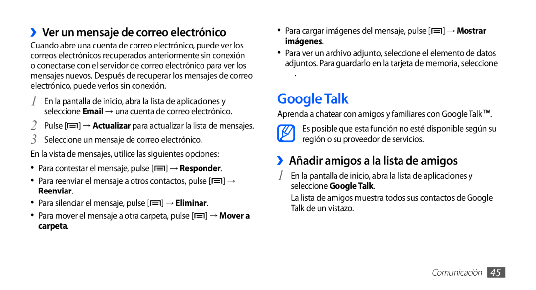 Samsung GT-S5839UWIAMN manual Google Talk, ››Ver un mensaje de correo electrónico, ››Añadir amigos a la lista de amigos 