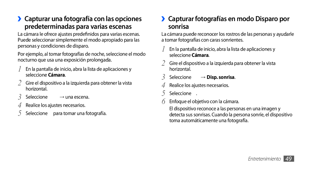 Samsung GT-S5839RWIAMN manual ››Capturar fotografías en modo Disparo por sonrisa, Seleccione Cámara, Horizontal Seleccione 