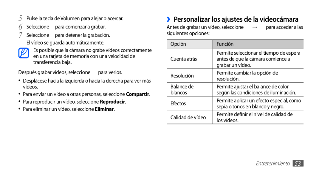 Samsung GT-S5839UWIATL manual Grabar un vídeo, Resolución Permite cambiar la opción de Balance de, Blancos, Los vídeos 