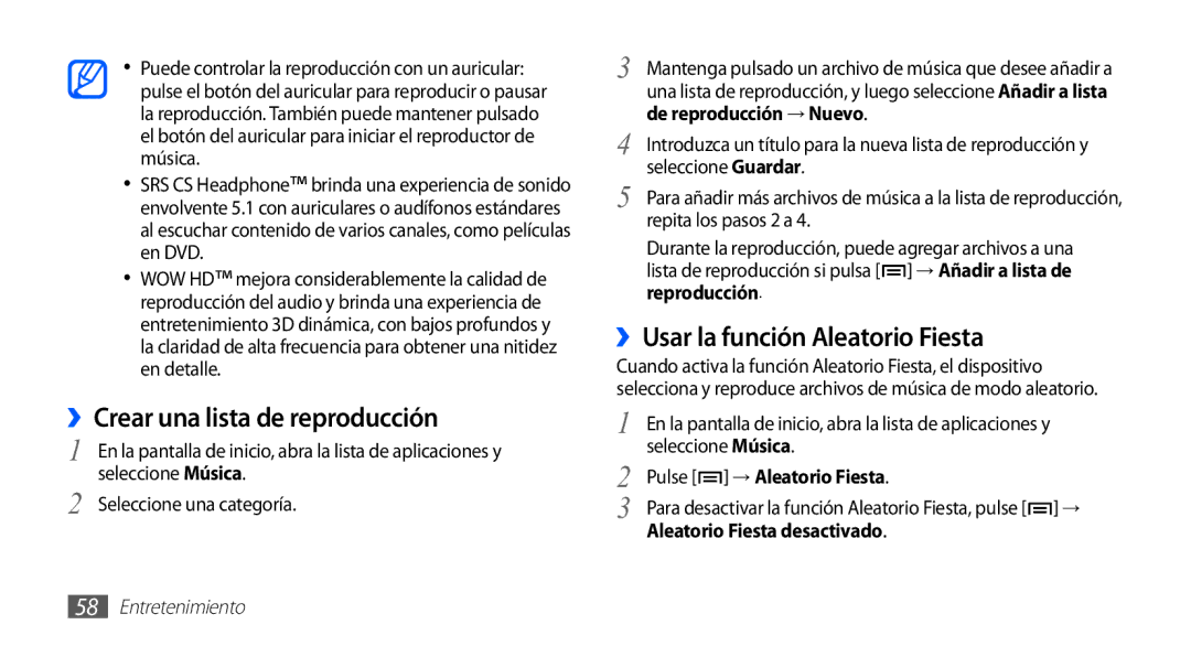 Samsung GT-S5839UWIATL manual ››Crear una lista de reproducción, ››Usar la función Aleatorio Fiesta, Seleccione Música 