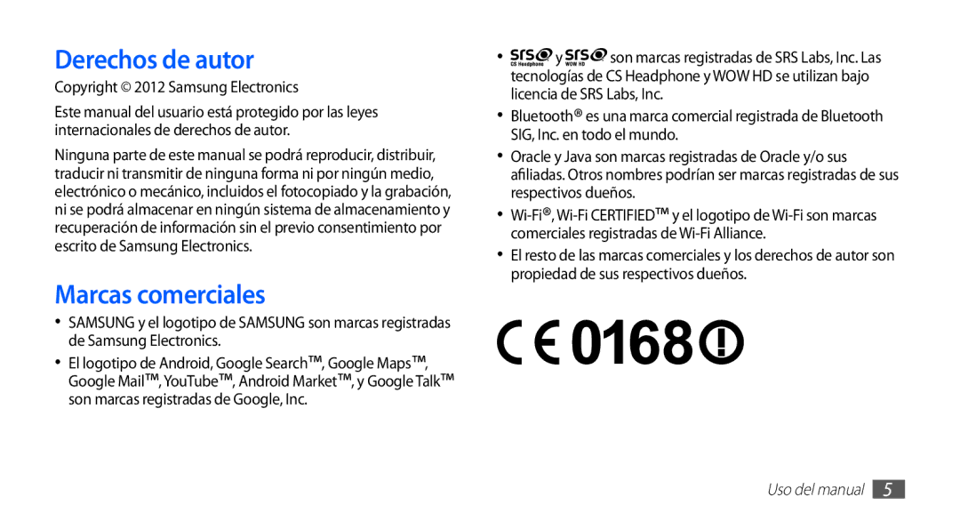 Samsung GT-S5839UWIAMN, GT-S5839RWIAMN manual Derechos de autor, Marcas comerciales, Copyright 2012 Samsung Electronics 