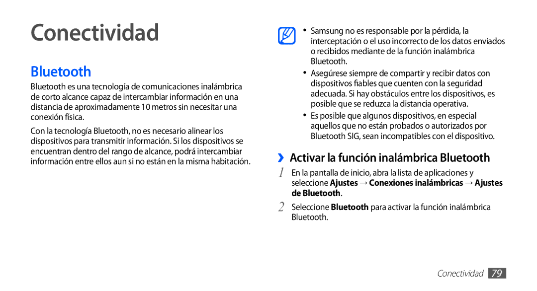 Samsung GT-S5839RWIAMN, GT-S5839UWIAMN, GT-S5839OKIAMN manual Conectividad, ››Activar la función inalámbrica Bluetooth 