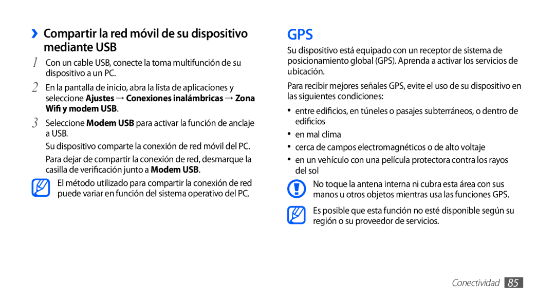 Samsung GT-S5839UWIAMN, GT-S5839RWIAMN, GT-S5839OKIAMN manual Gps, ››Compartir la red móvil de su dispositivo mediante USB 