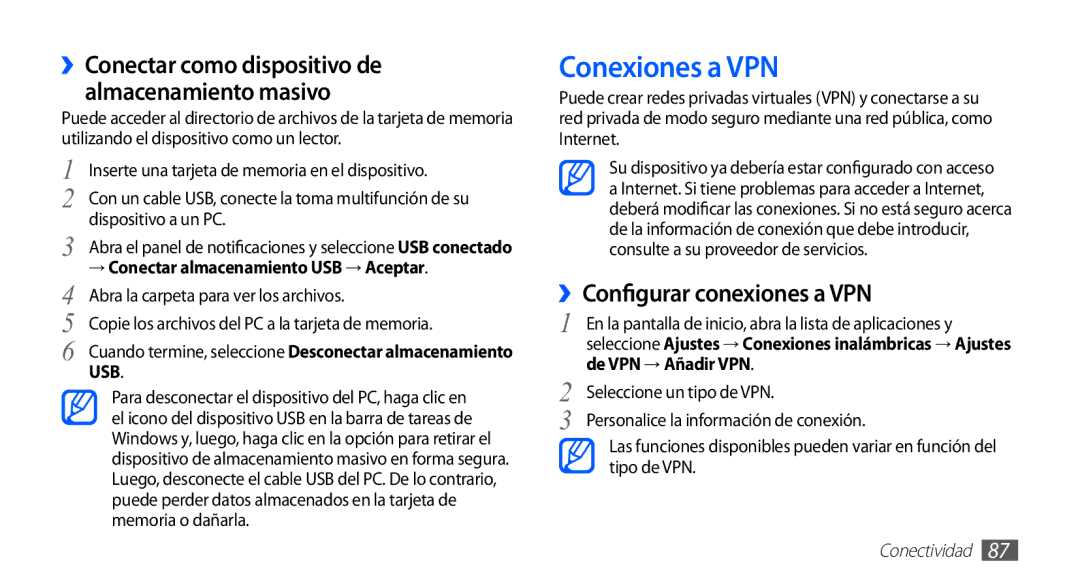 Samsung GT-S5839OKIATL, GT-S5839RWIAMN, GT-S5839UWIAMN, GT-S5839OKIAMN manual Conexiones a VPN, ››Configurar conexiones a VPN 