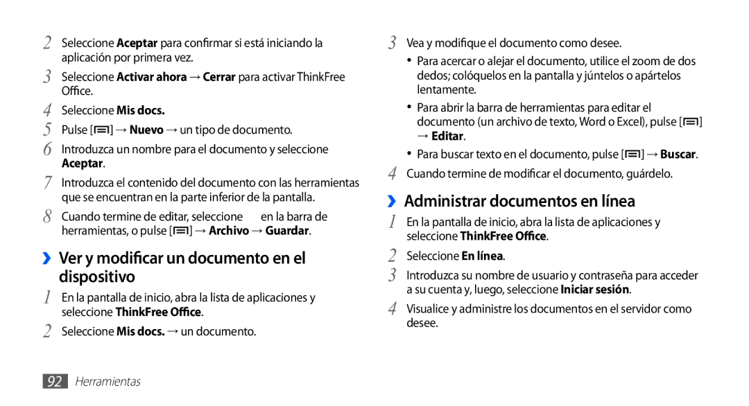 Samsung GT-S5839OKIATL, GT-S5839RWIAMN, GT-S5839UWIAMN manual Documento en el, Dispositivo, ››Administrar documentos en línea 