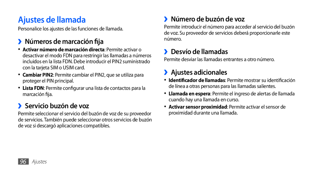 Samsung GT-S5839OKIAMN, GT-S5839RWIAMN, GT-S5839UWIAMN, GT-S5839OKIATL, GT-S5839UWIATL manual Ajustes de llamada 