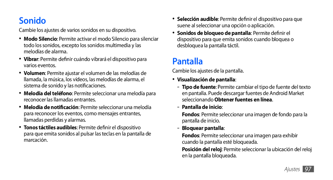 Samsung GT-S5839OKIATL, GT-S5839RWIAMN manual Sonido, Visualización de pantalla, Pantalla de inicio, Bloquear pantalla 