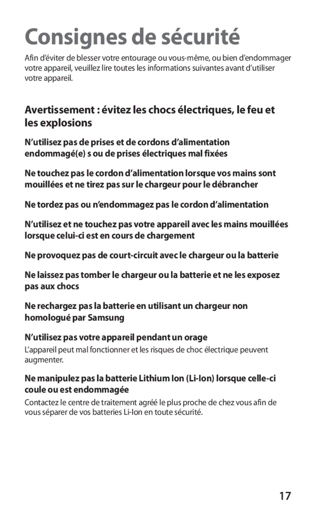 Samsung GT-S5839RWIFTM, GT-S5839RWILPM, GT-S5839UWISFR, GT-S5839RWIVGF, GT-S5839RWIBOG, GT-S5839OKISFR Consignes de sécurité 