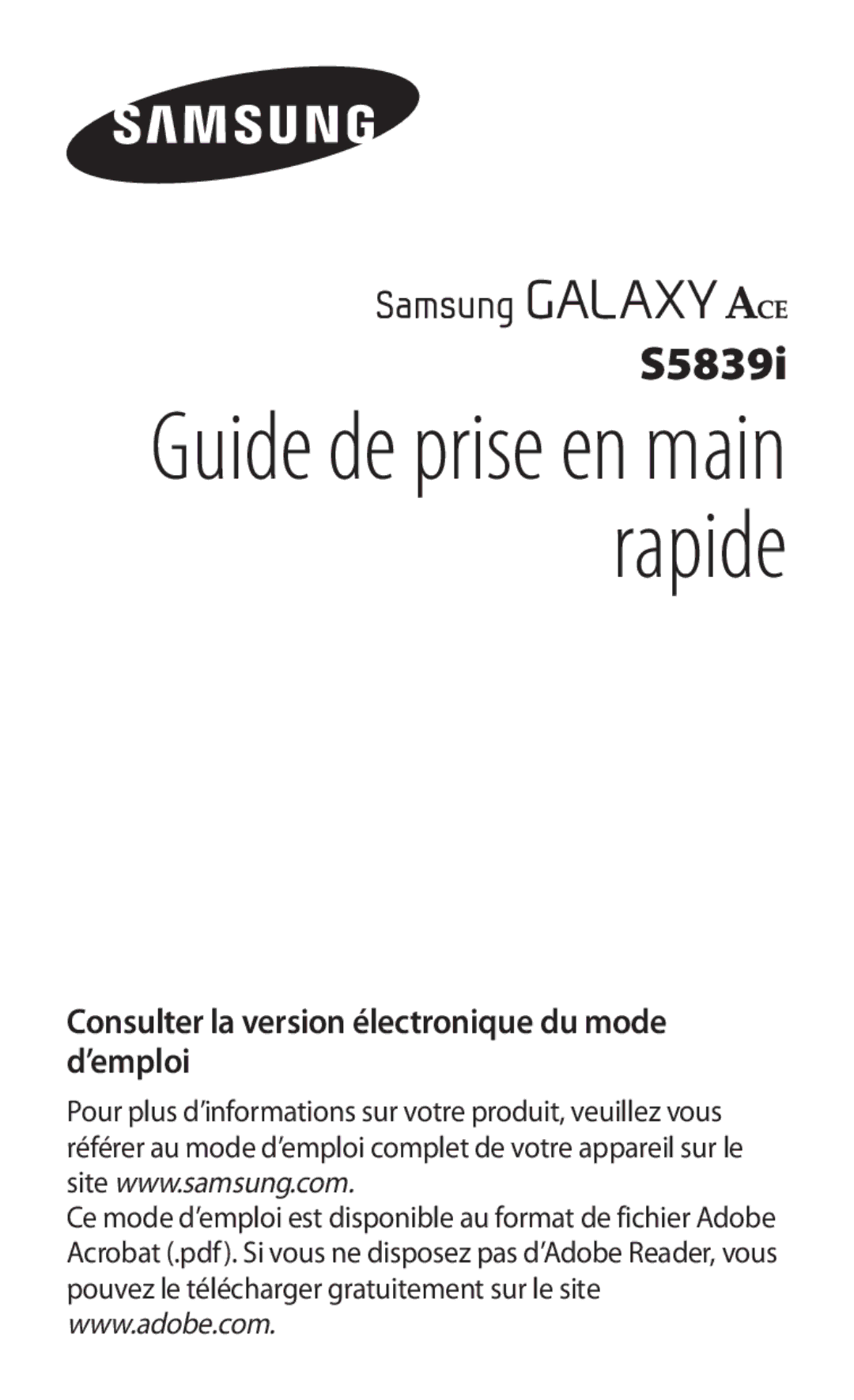 Samsung GT-S5839RWIVGF, GT-S5839RWILPM, GT-S5839UWISFR, GT-S5839RWIBOG, GT-S5839OKISFR manual Guide de prise en main rapide 