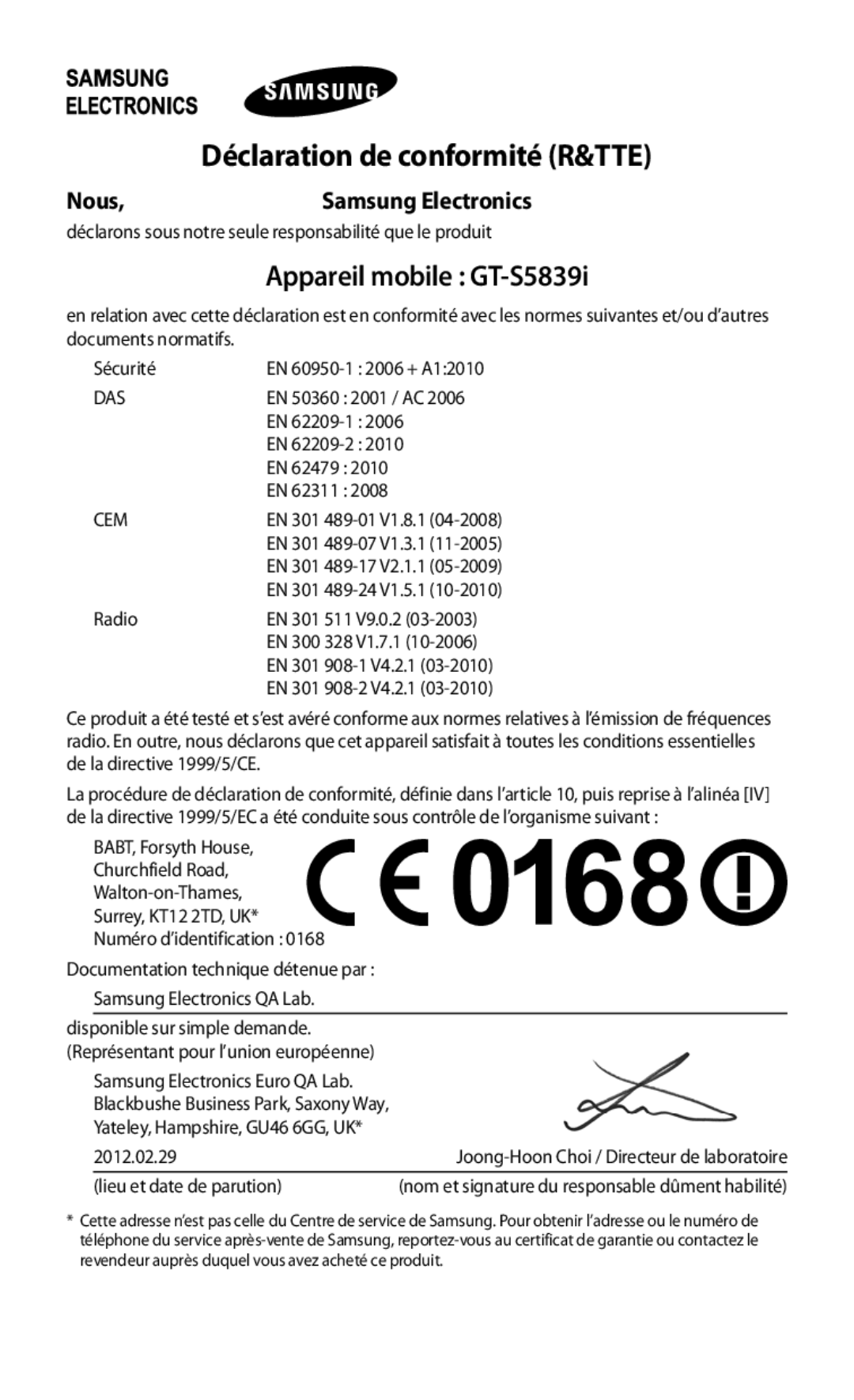 Samsung GT-S5839RWINRJ, GT-S5839RWILPM, GT-S5839UWISFR, GT-S5839RWIVGF, GT-S5839RWIBOG Déclaration de conformité R&TTE, Nous 