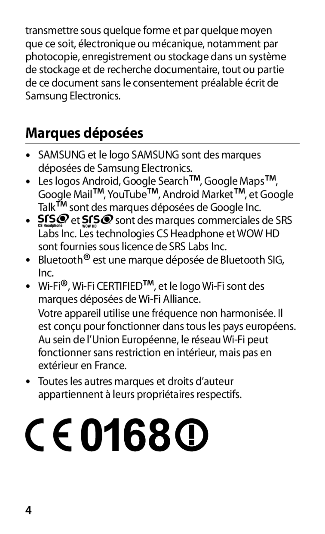 Samsung GT-S5839UWINRJ, GT-S5839RWILPM manual Marques déposées, Bluetooth est une marque déposée de Bluetooth SIG, Inc 