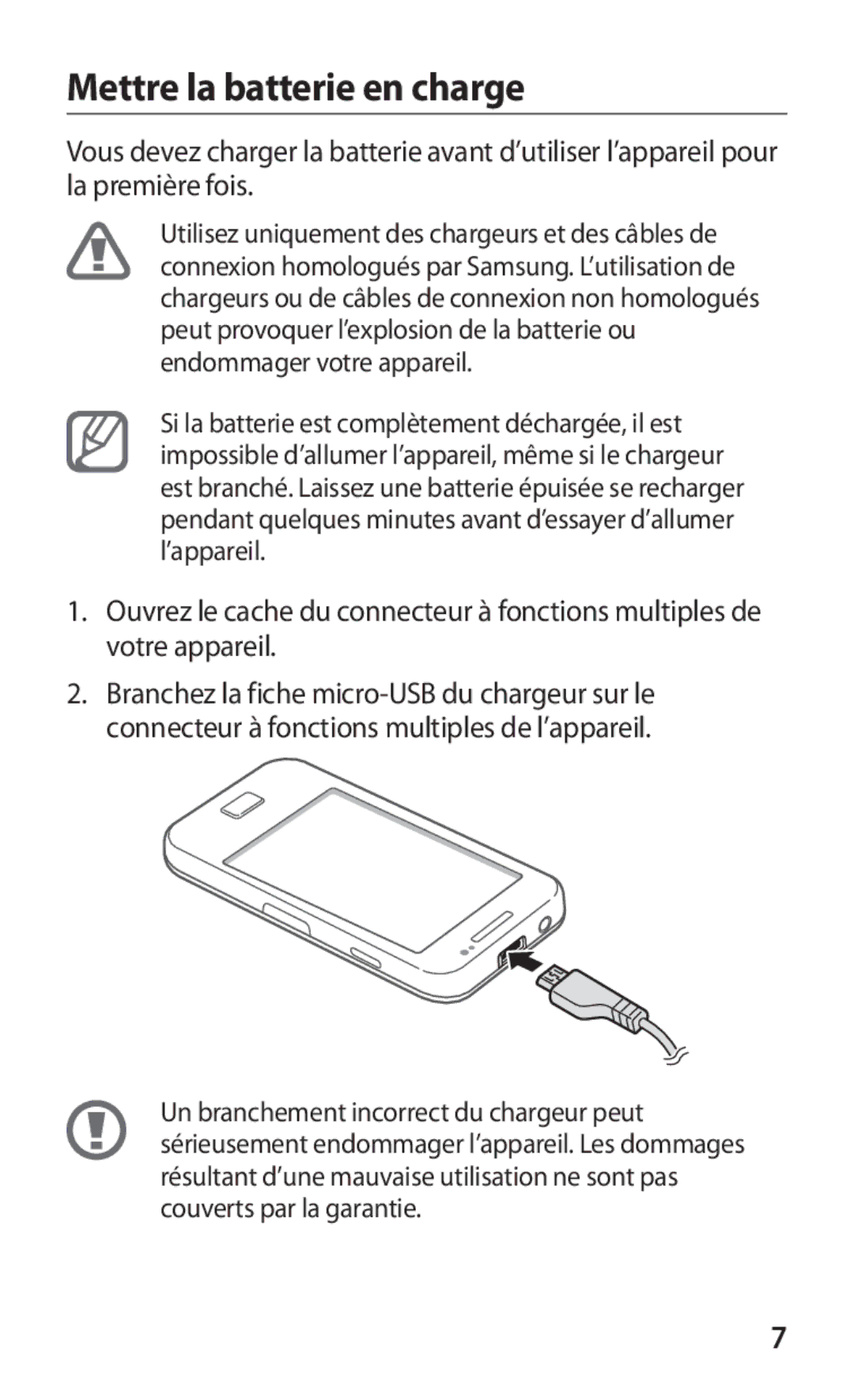 Samsung GT-S5839RWIXEF, GT-S5839RWILPM, GT-S5839UWISFR, GT-S5839RWIVGF, GT-S5839RWIBOG manual Mettre la batterie en charge 