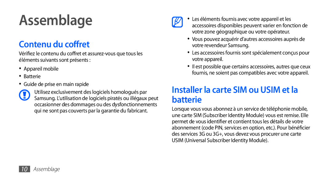 Samsung GT-S5839RWINRJ, GT-S5839RWILPM manual Assemblage, Contenu du coffret, Installer la carte SIM ou Usim et la batterie 