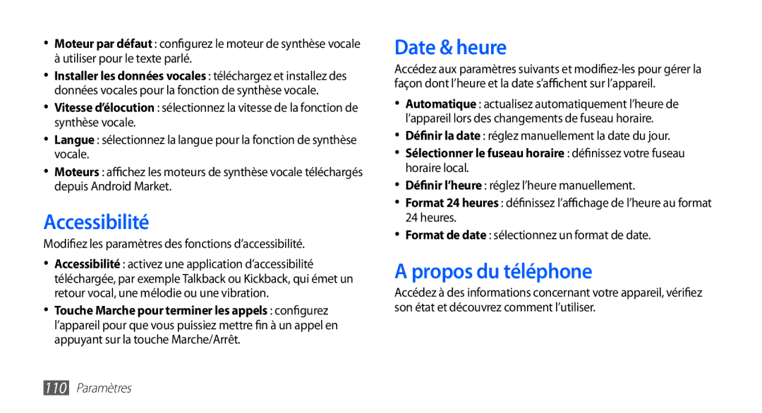 Samsung GT-S5839UWINRJ, GT-S5839RWILPM, GT-S5839UWISFR, GT-S5839RWIVGF manual Accessibilité, Date & heure, Propos du téléphone 