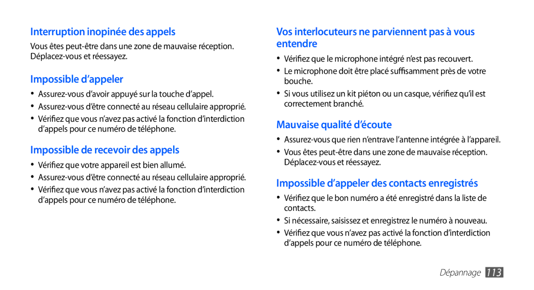 Samsung GT-S5839RWIXEF Assurez-vous d’avoir appuyé sur la touche d’appel, Vérifiez que votre appareil est bien allumé 