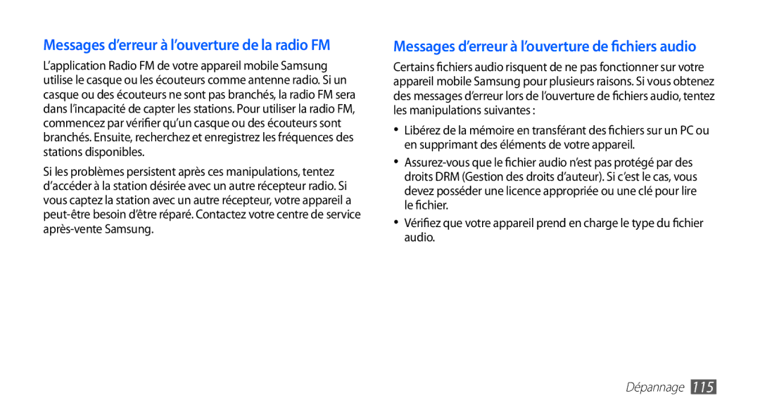 Samsung GT-S5839RWINRJ, GT-S5839RWILPM, GT-S5839UWISFR, GT-S5839RWIVGF manual Messages d’erreur à l’ouverture de la radio FM 