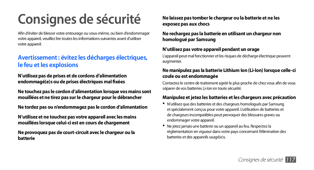 Samsung GT-S5839OKILPM, GT-S5839RWILPM, GT-S5839UWISFR, GT-S5839RWIVGF, GT-S5839RWIBOG, GT-S5839OKISFR Consignes de sécurité 