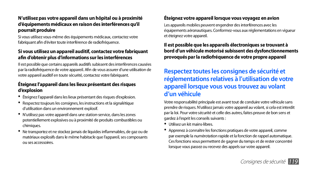 Samsung GT-S5839RWISFR, GT-S5839RWILPM, GT-S5839UWISFR, GT-S5839RWIVGF Éteignez votre appareil lorsque vous voyagez en avion 